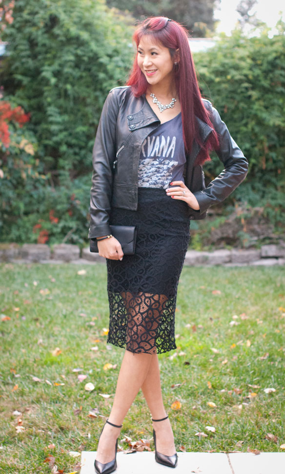 Nirvana Tank with Leather Jacket and Lace skirt