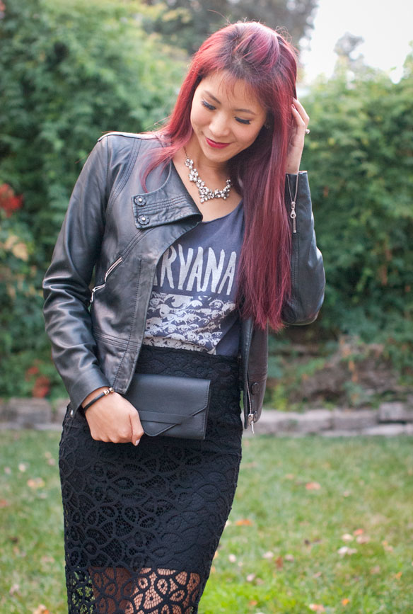 Nirvana Tank with Leather Jacket and Lace skirt