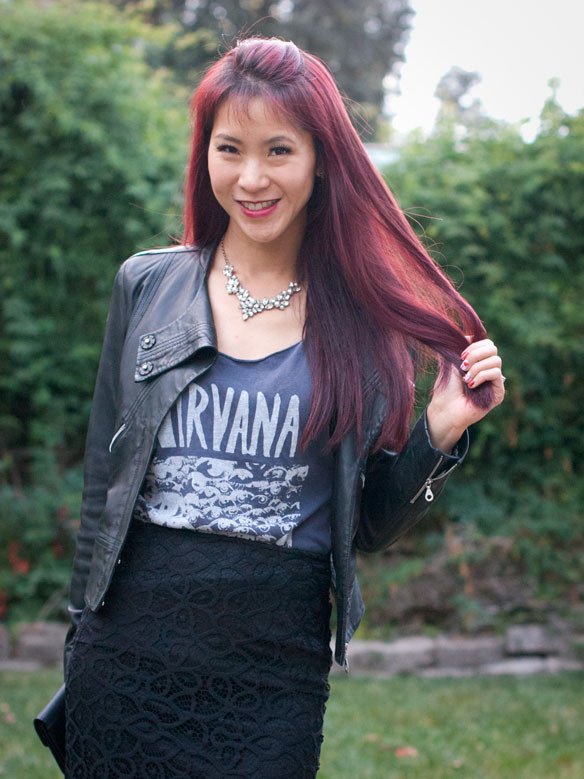 Nirvana Tank with Leather Jacket and Lace skirt