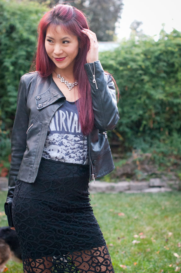 Nirvana Tank with Leather Jacket and Lace skirt