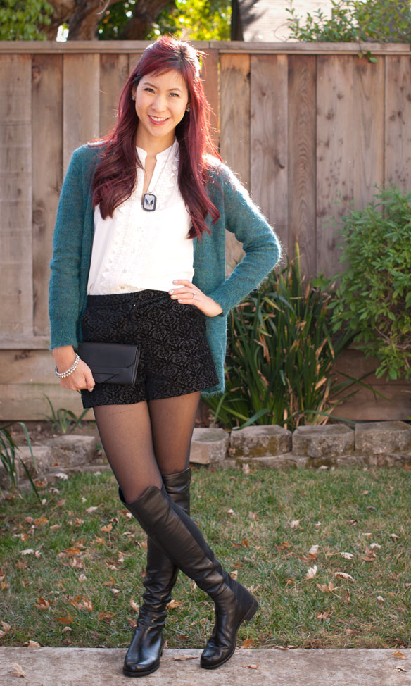 Velvet Shorts with Tights and Boots