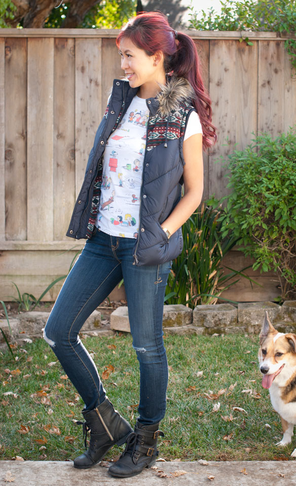 Southwestern Vest and Peanuts Shirt Outfit