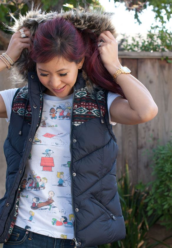 Southwestern Vest and Peanuts Shirt Outfit