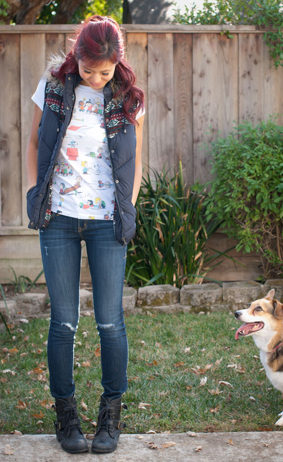 Southwestern Vest and Peanuts Shirt Outfit