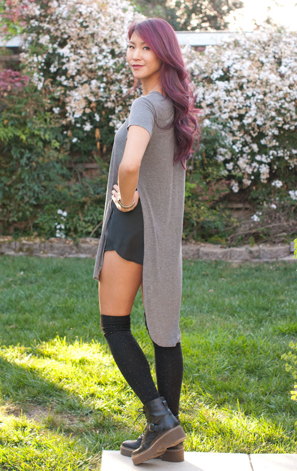 High Slit Long T-shirt with shorts Outfit