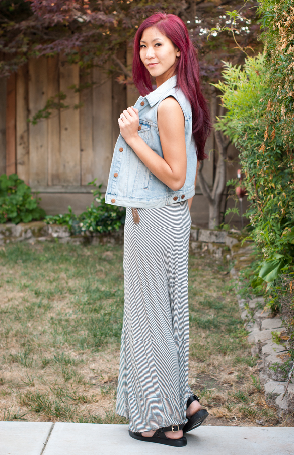 Denim Vest and striped maxi skirt