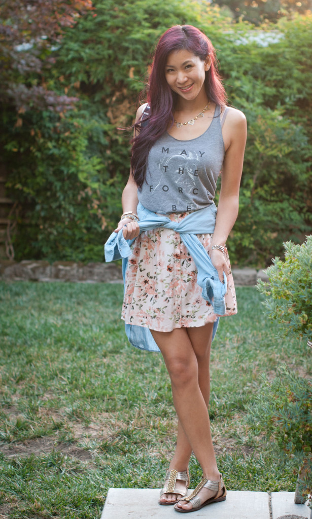 Floral Skrit and Chambray outfit