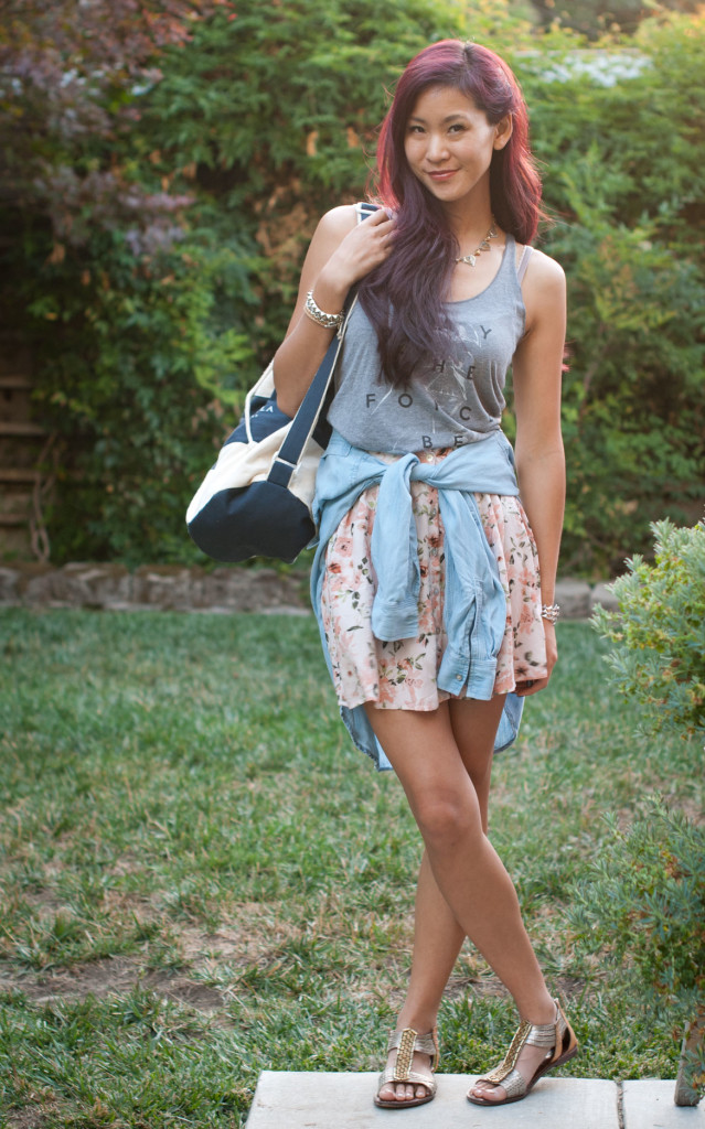 Floral Skrit and Chambray outfit