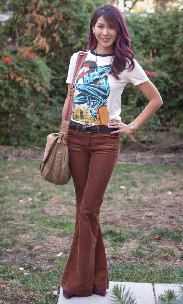 Black Widow Ringer Tee and Flared Corduroy Pants