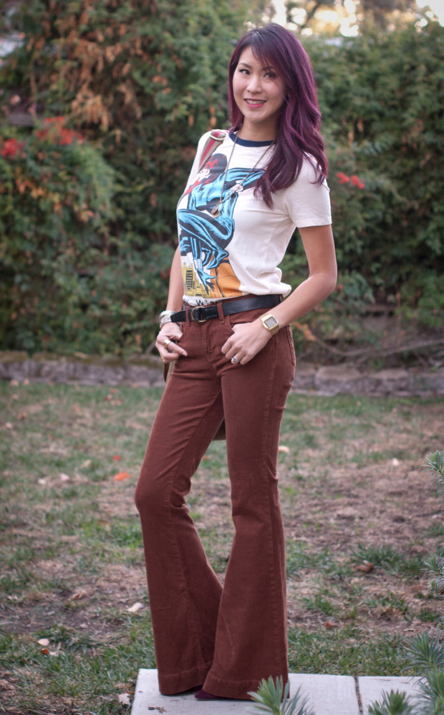 Black Widow Ringer Tee and Flared Corduroy Pants