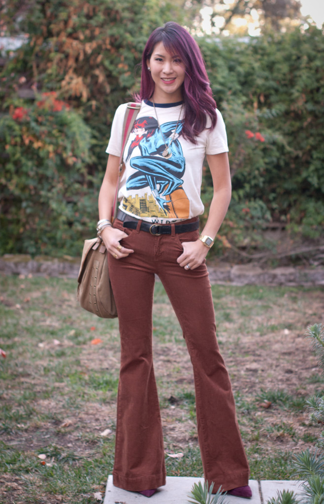 Black Widow Ringer Tee and Flared Corduroy Pants