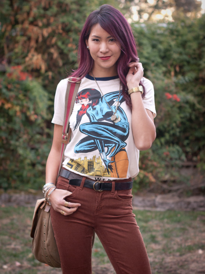 Black Widow Ringer Tee and Flared Corduroy Pants