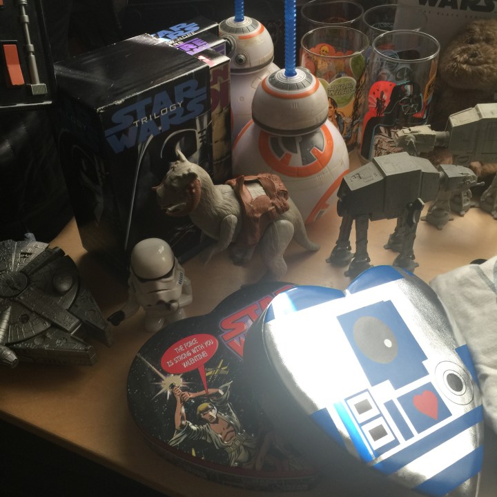 Vintage Taun Taun (with open belly!), the wind-up AT-AT that I mention in the article, VHS versions of the trilogy (very close to the original versions!), Millennium Falcon container, and a Stormtrooper that projects a laser Empire symbol
