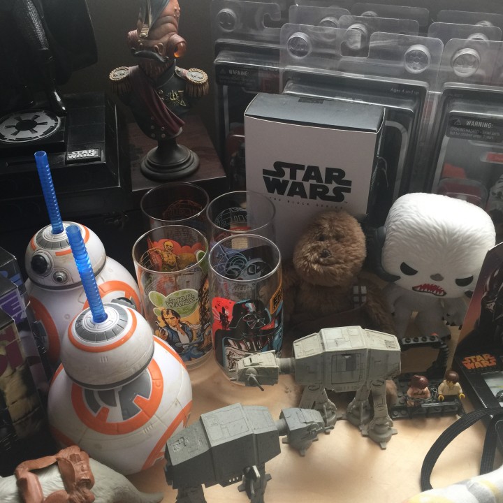 Steven Daily Admiral Akbar bust, some BB-8 cups from Disneyland, vintage glasses from Burger King, SDCC exclusive First Order stormtrooper, plush Chewy , fuzzy Wampa POP toy