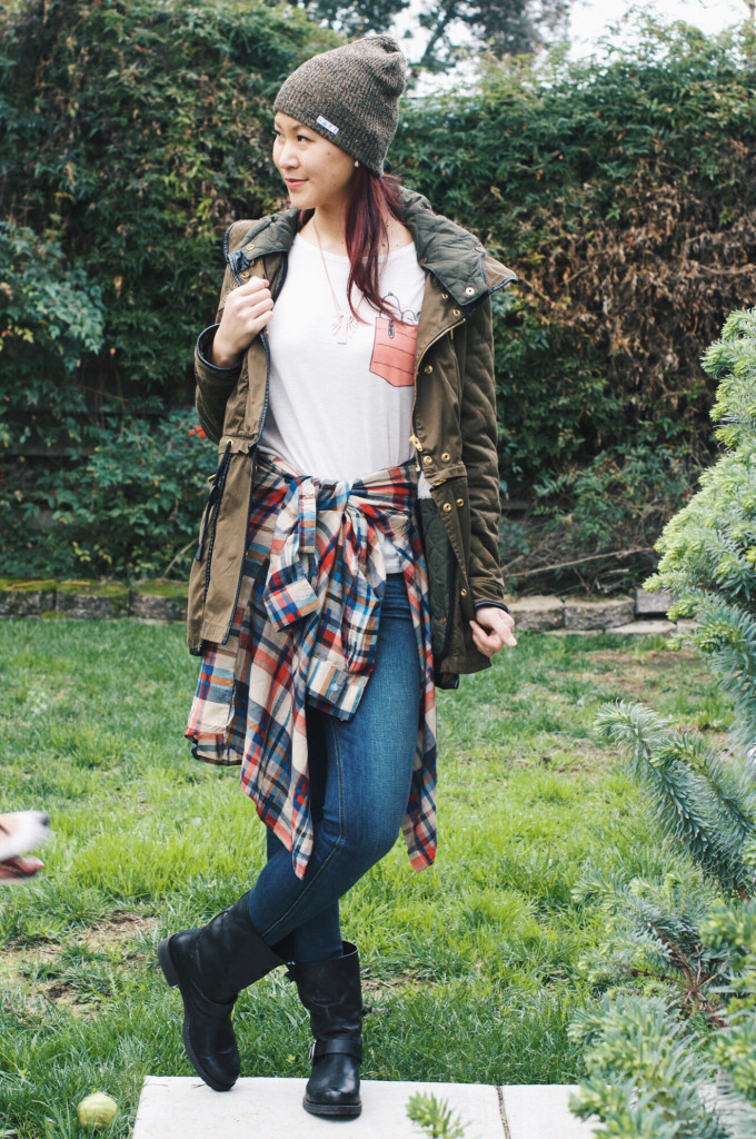 Army Anorak with Plaid Shirt and Jeans
