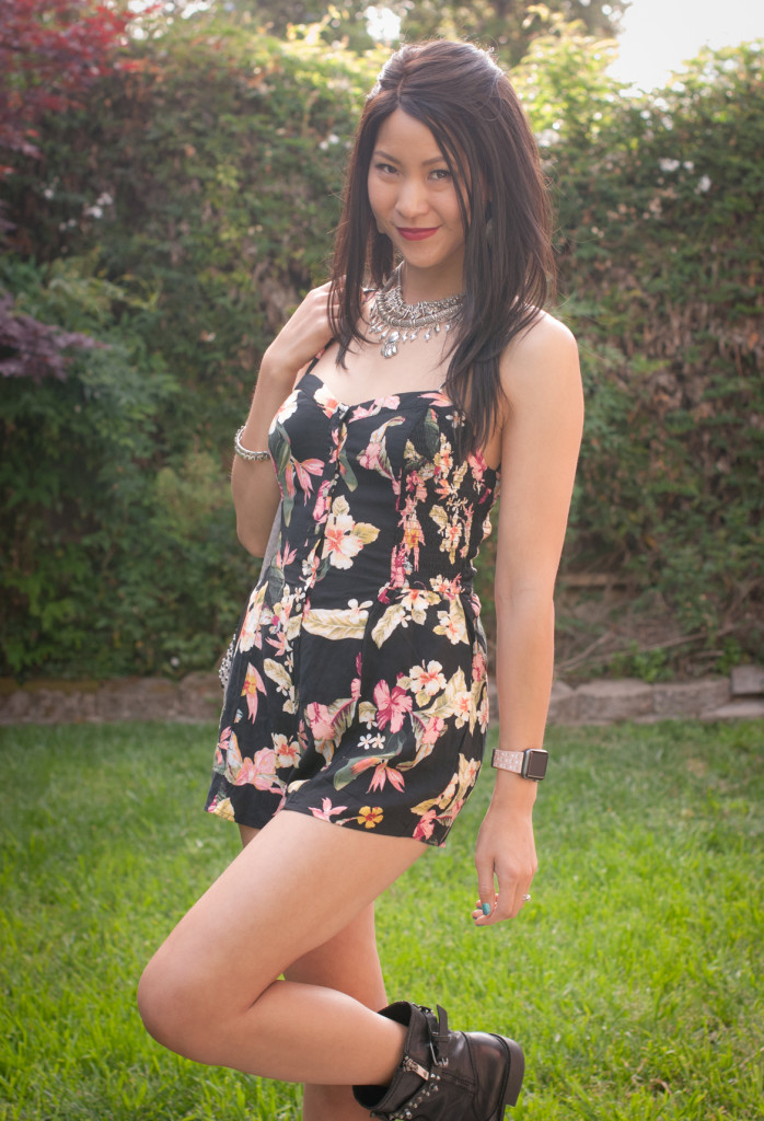 Floral Romper with Boots outfit