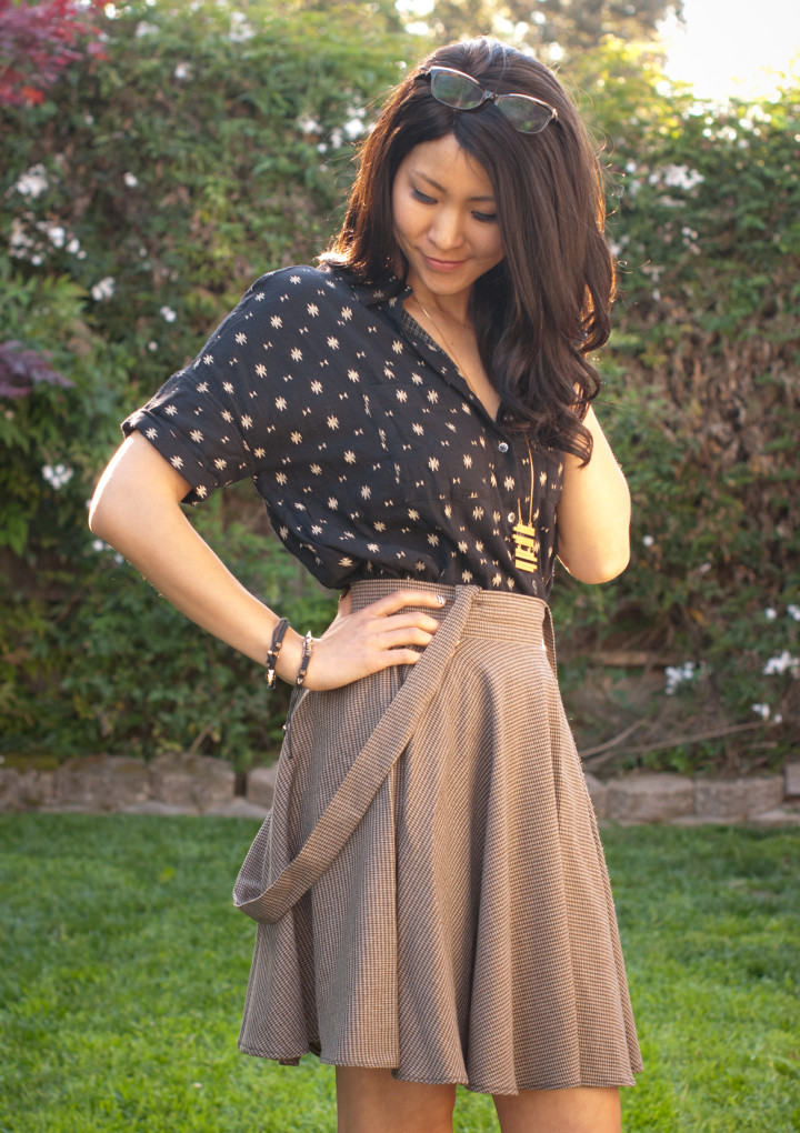 Nerdy Pattern 90s shirt and Tweed Suspenders Skirt