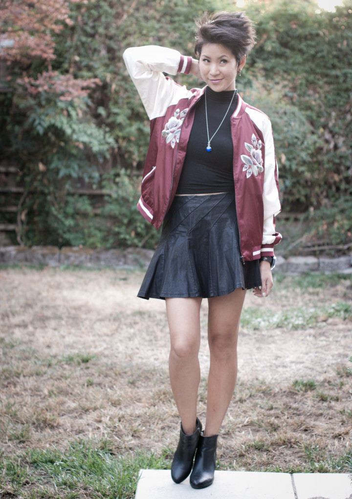 Floral bomber souvenir jacket with vegan leather skirt