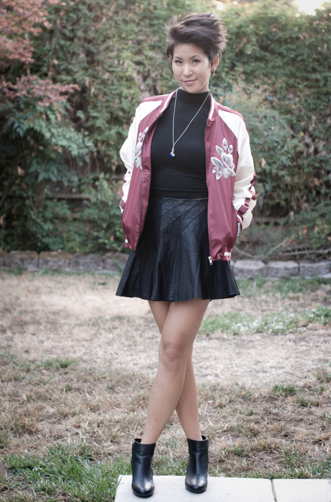 Floral bomber souvenir jacket with vegan leather skirt