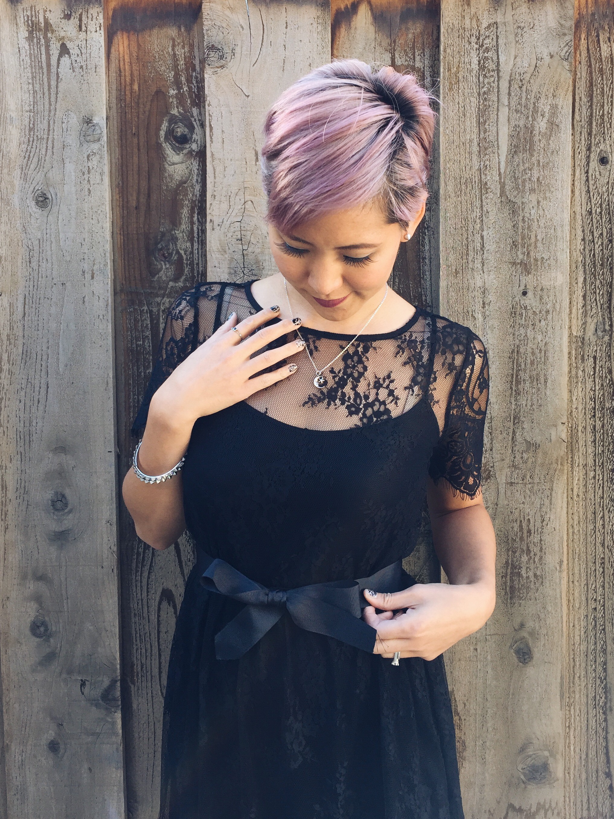 Black Lace Sheer Dress with Pastel Hair
