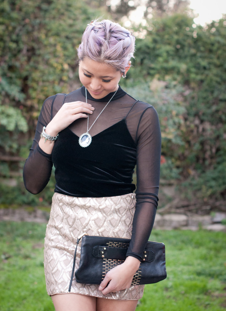 velvet cami with sheer top and gold sequin skirt