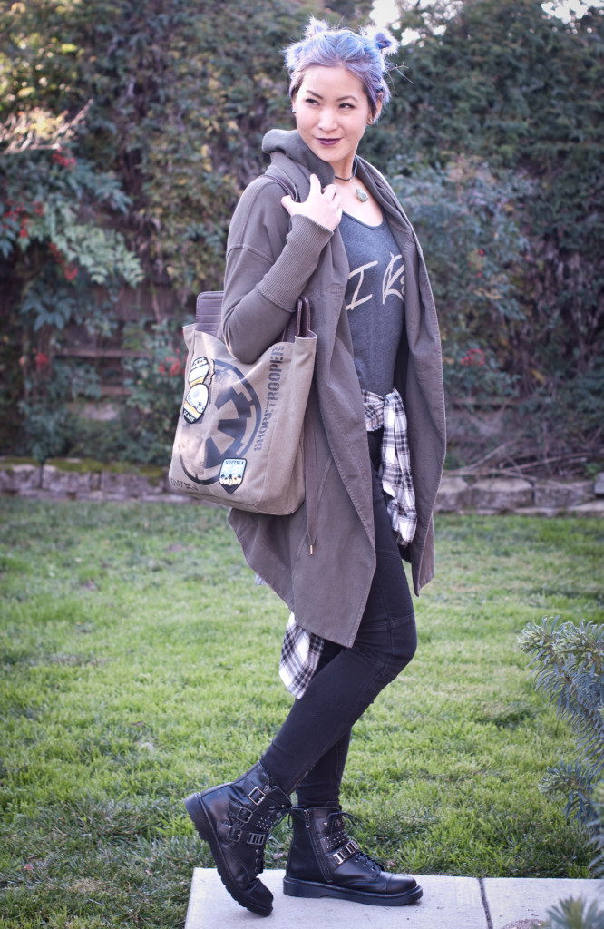 Free People long cardigan with Loungefly Rogue One tote