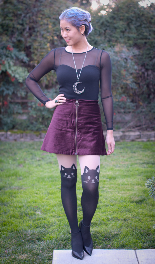 Mesh Top with Velvet Skirt Outfit - Cat Tights