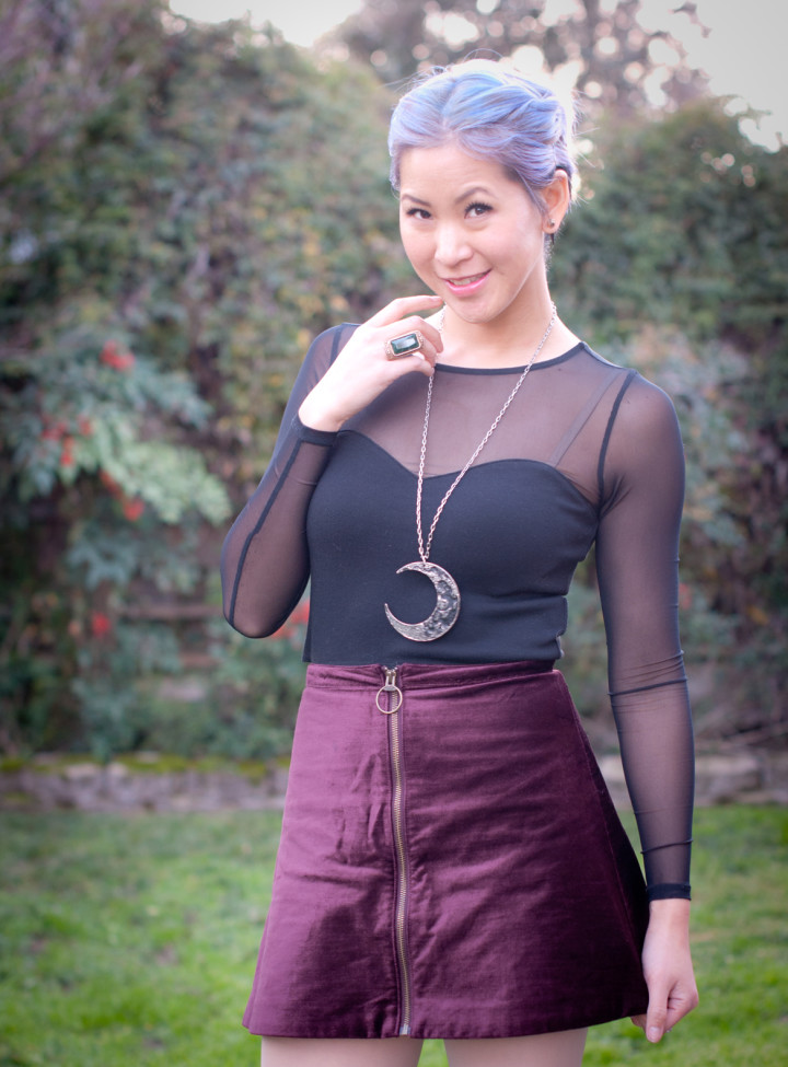 Mesh Top with Velvet Skirt Outfit 