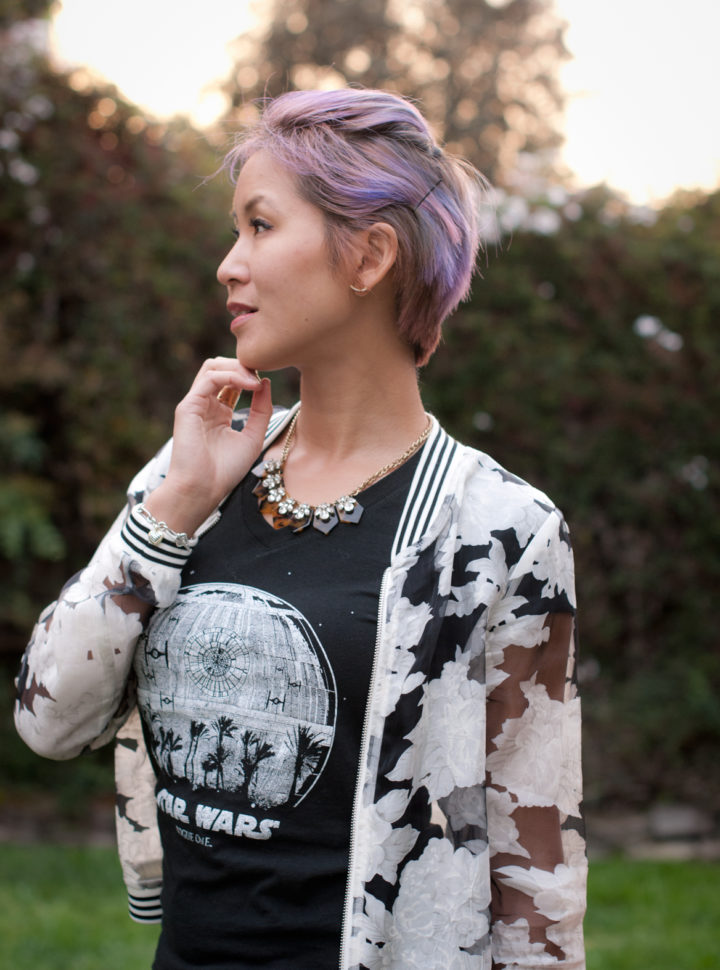 Rogue One tee and Sheer Floral Bomber Jacket