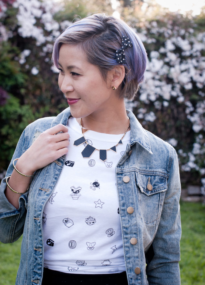 Nintendo Mario icon tee with statement necklace