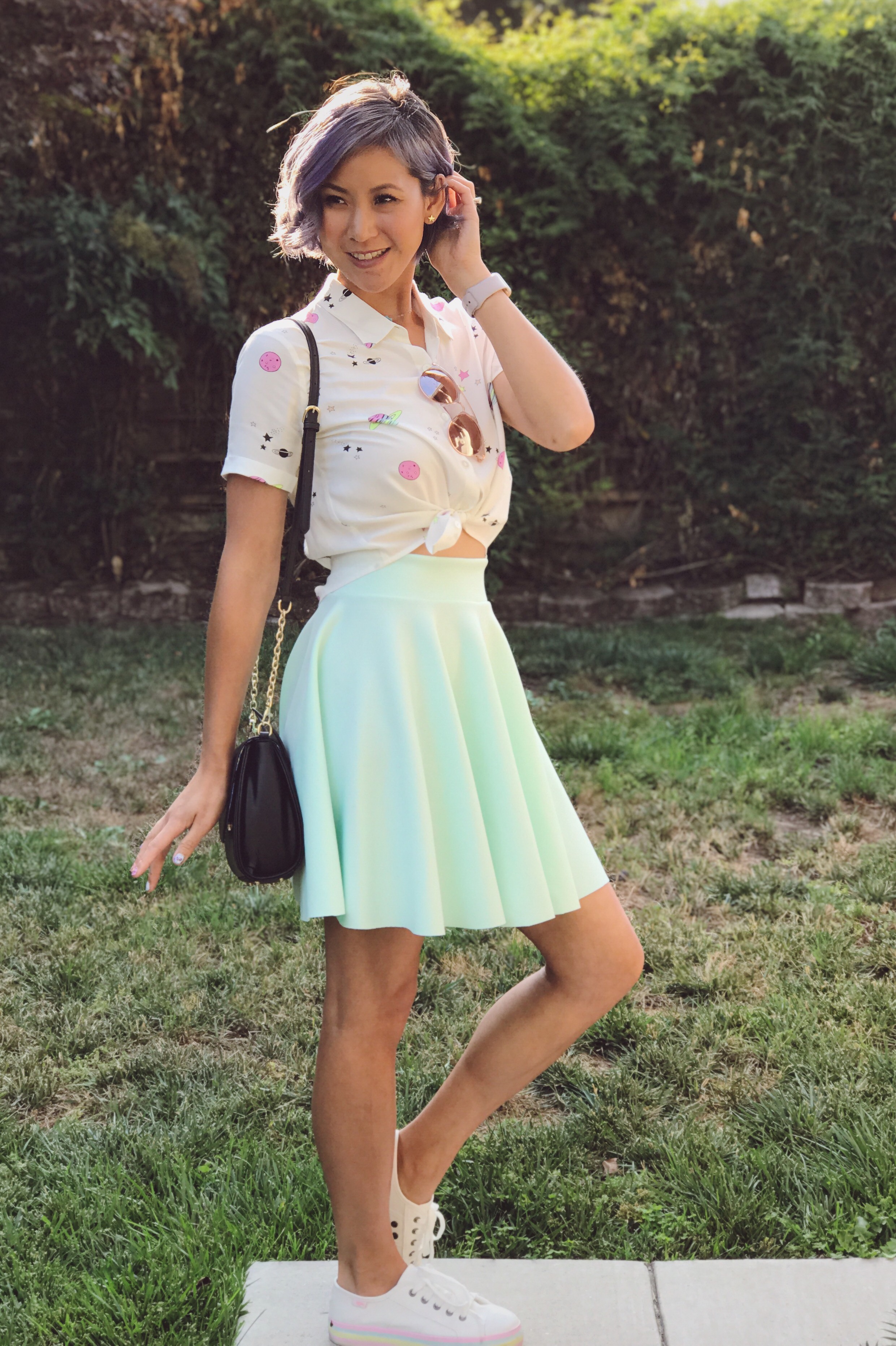 Galaxy print shirt and mint green skirt outfit