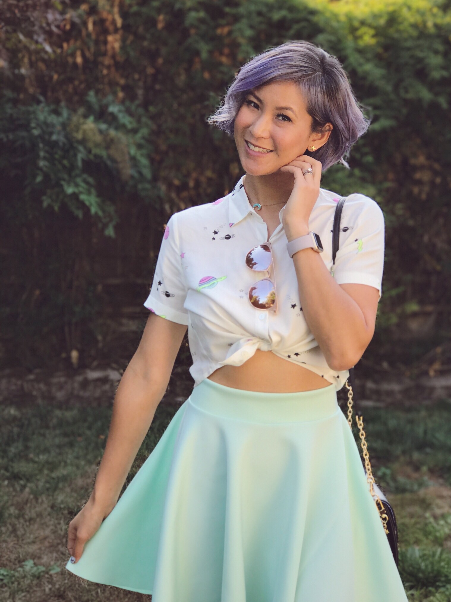 Galaxy print shirt and mint green skirt