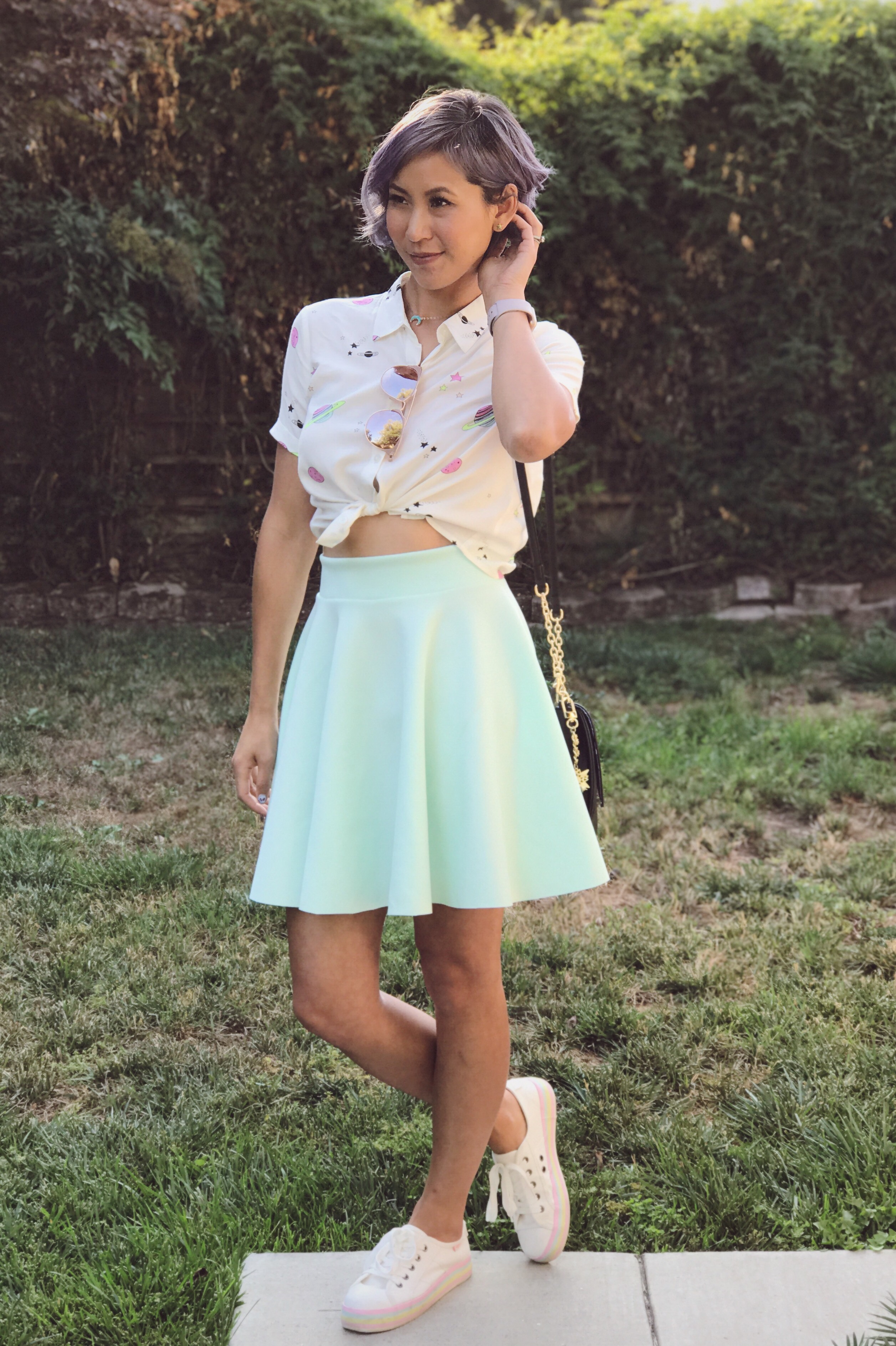 Galaxy print shirt and mint green skirt outfit