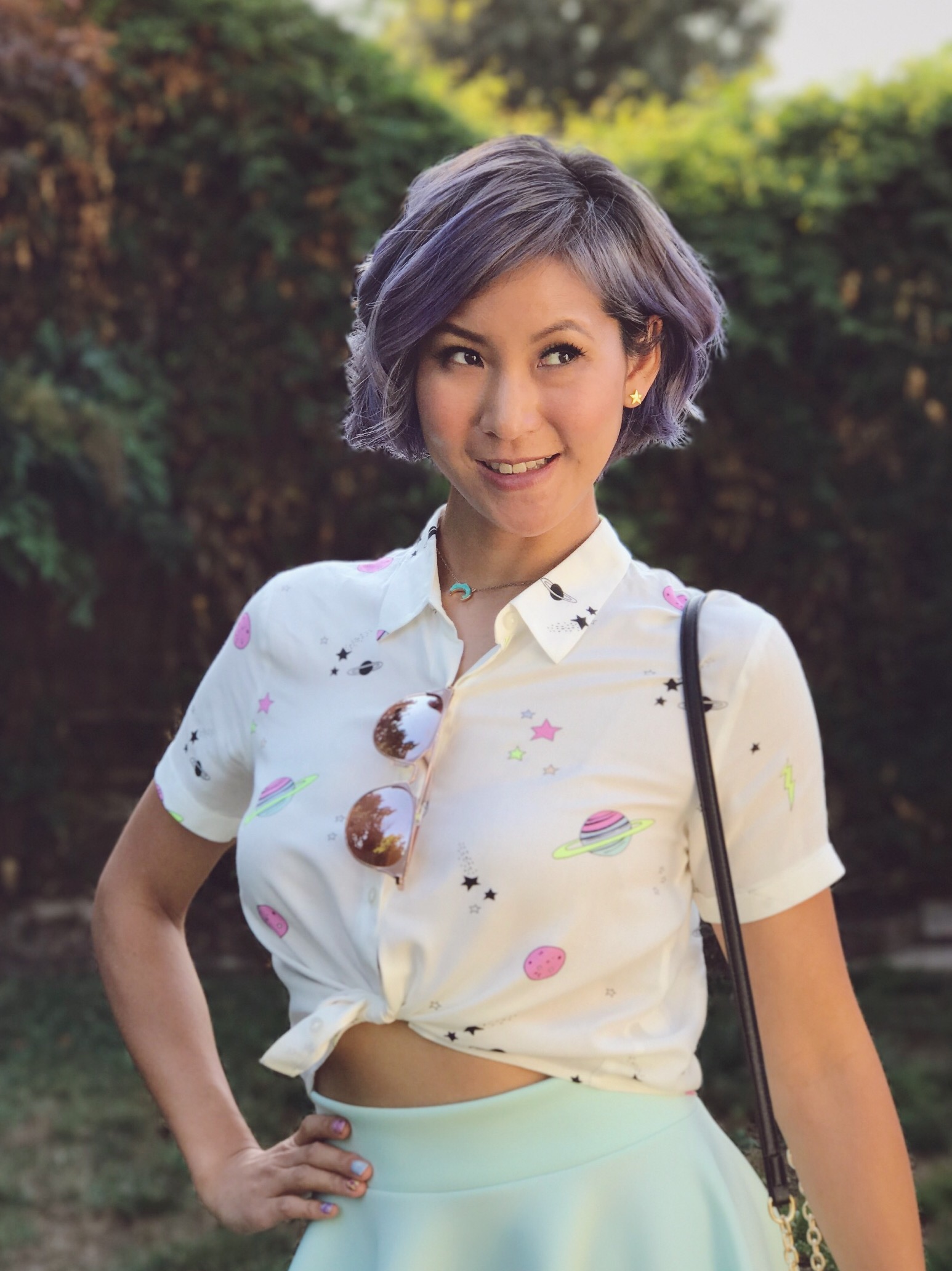 Galaxy print shirt and mint green skirt outfit