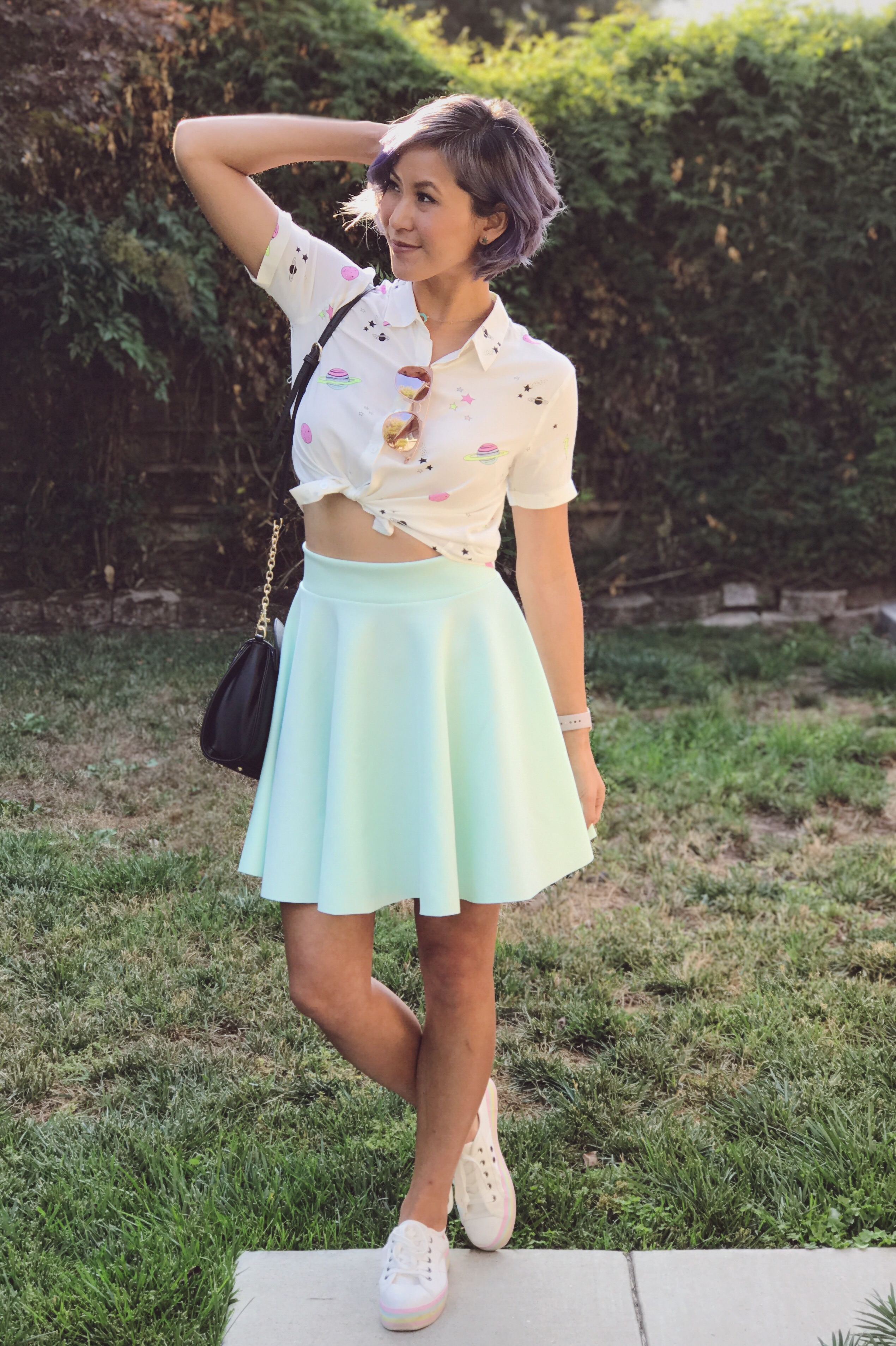 Galaxy print shirt and mint green skirt outfit