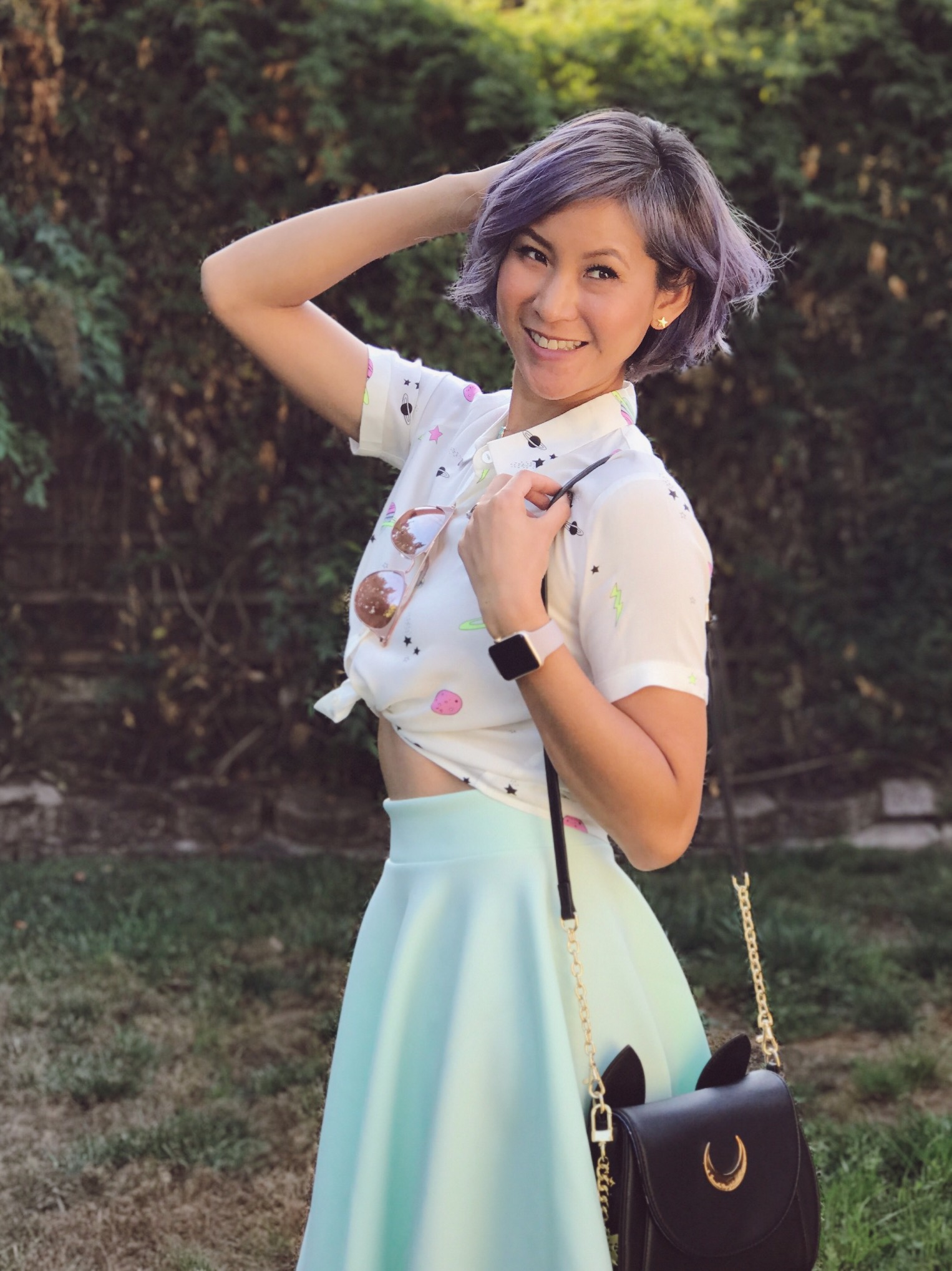 Galaxy print shirt and mint green skirt outfit