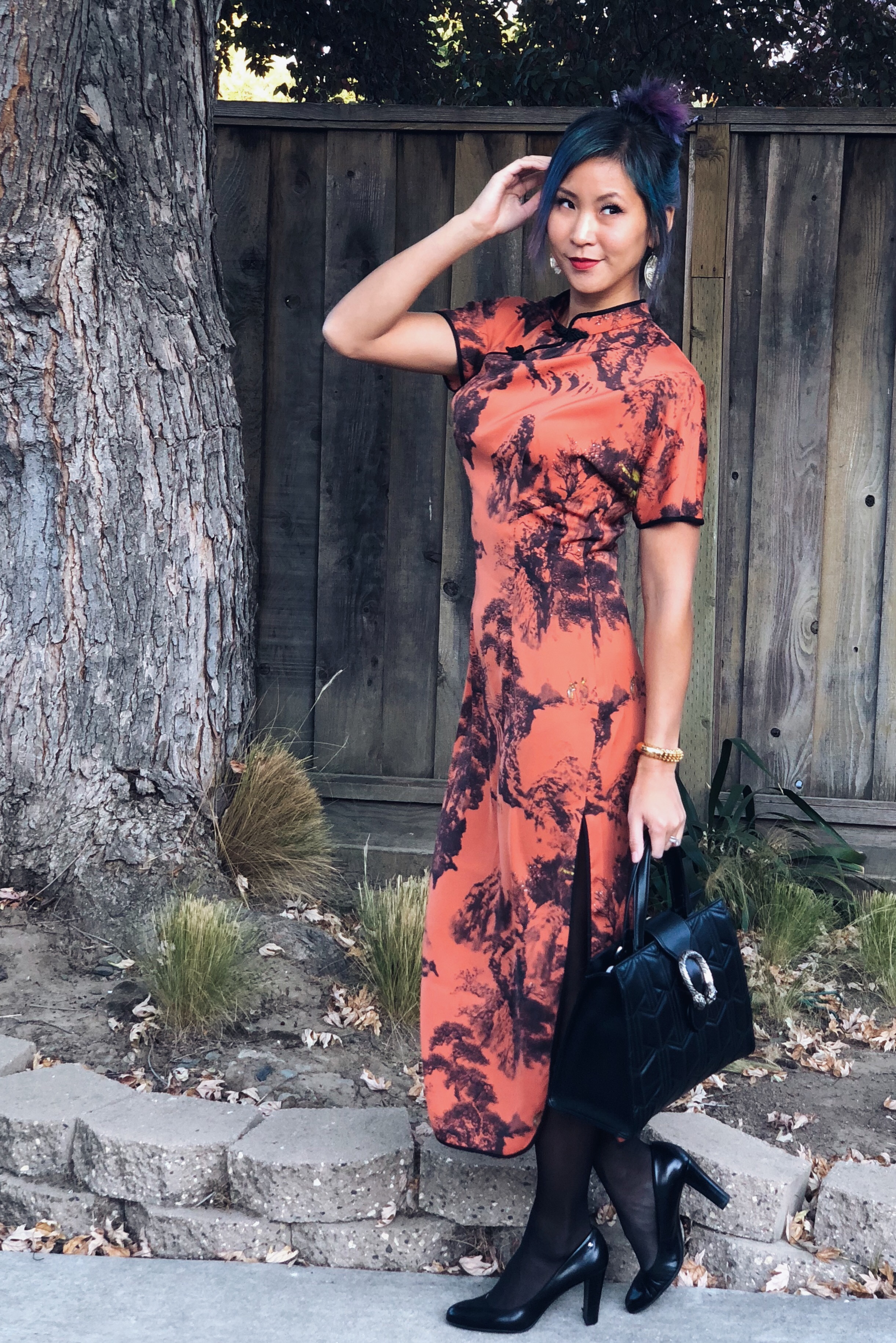 Zara Orange and Black Chinese Asian Print Dress Halloween