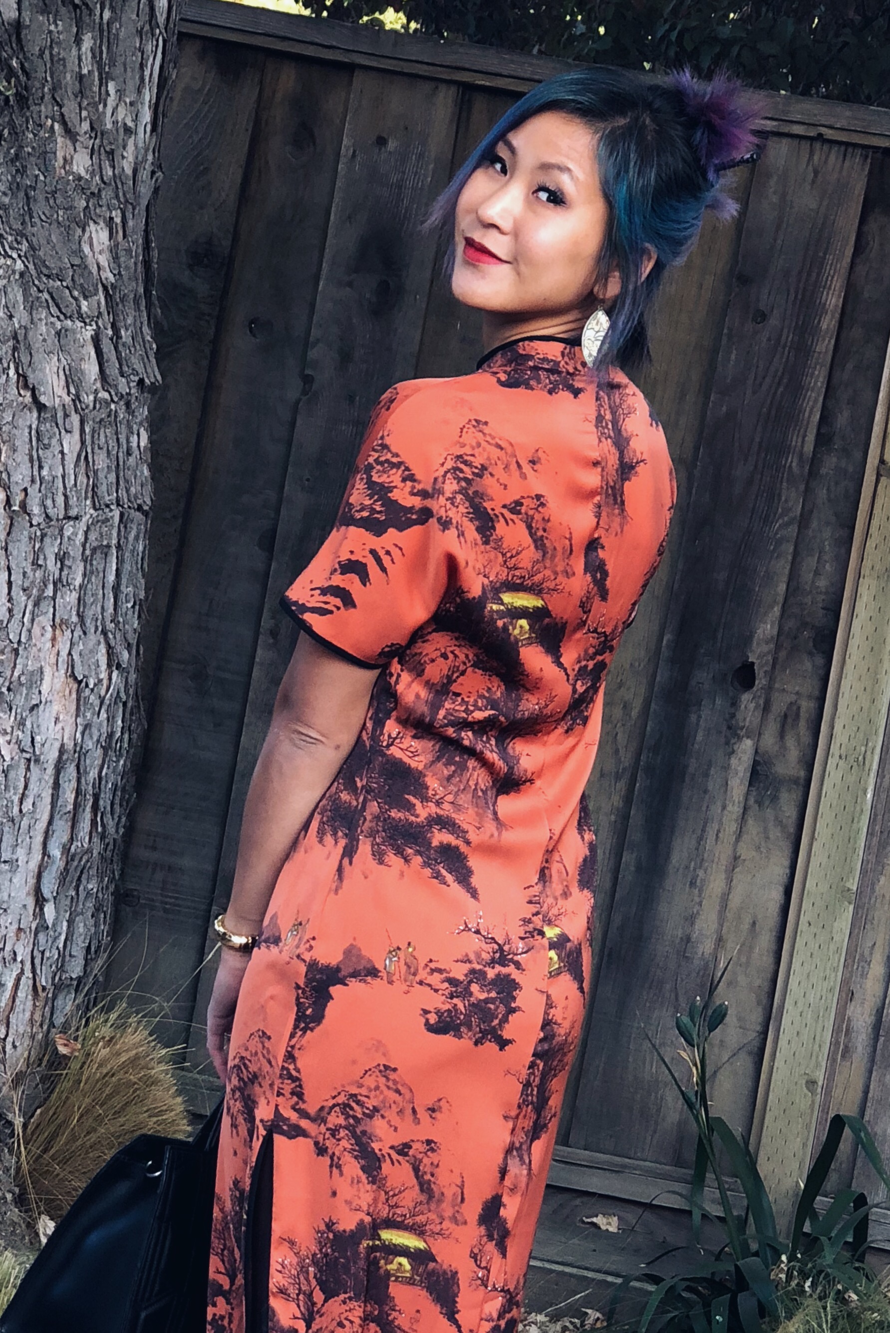 Zara Orange and Black Chinese Asian Print Dress